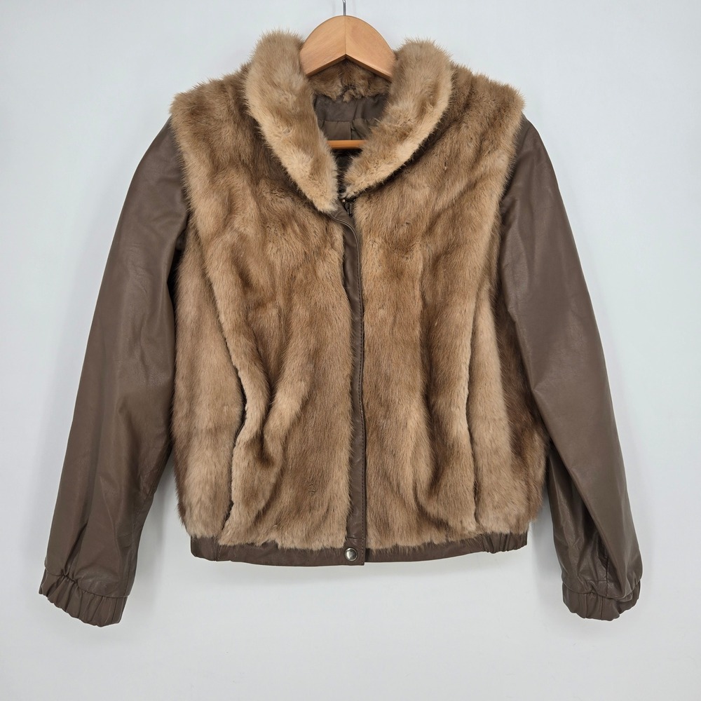 Vintage Tibor Real Leather Mink Fur Jacket Brown Retro Glam Winter Womens 8